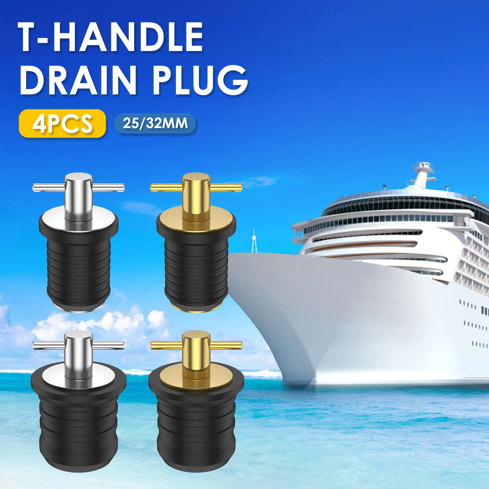 4Pcs T-Handle Drain Plug 25/32mm Metal Marine Boat Drain Plug Boat Rubber Plug Brass Boat Drain Twist Plug Sturdy Marine Boat