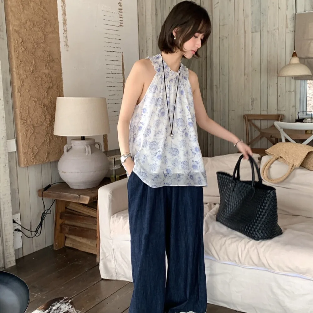 Nimo Home Vintage Ink Wash Painting Neck Hanging Strap Top Korean Style Loose Women's Floral Print Sleeveless Shirt