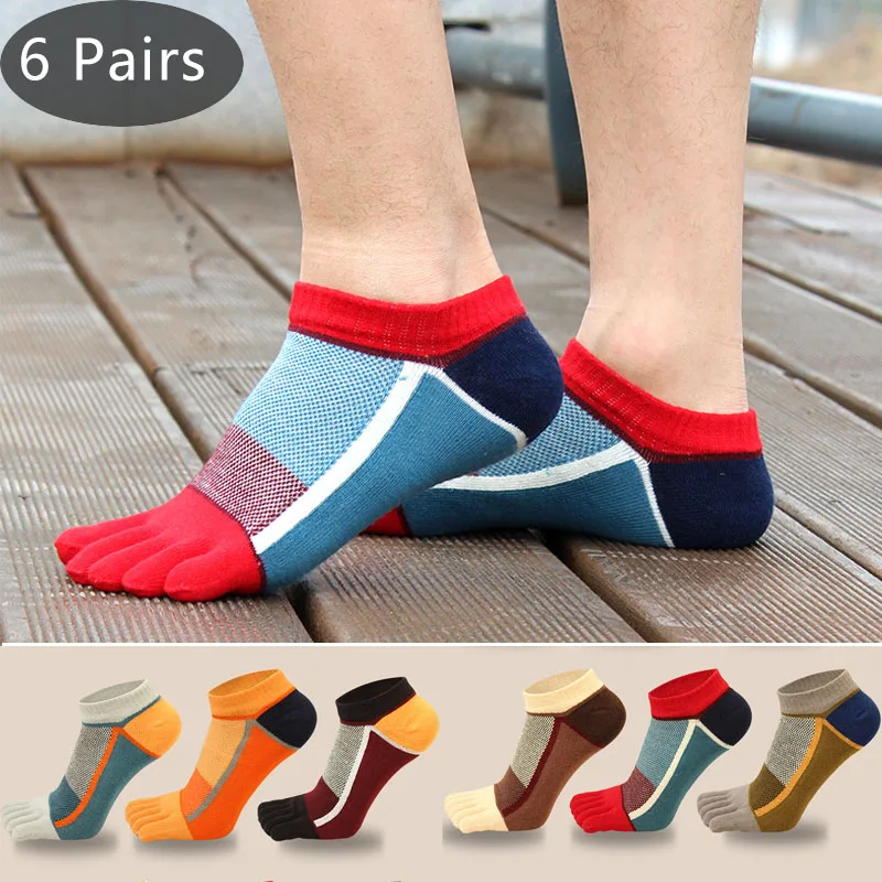 

6 Pairs Man Ankle Toe Socks Pure Cotton Mesh Breathable Vintage Casual Sweat-Absorbing Sport Deodorant Five Finger Socks Boy