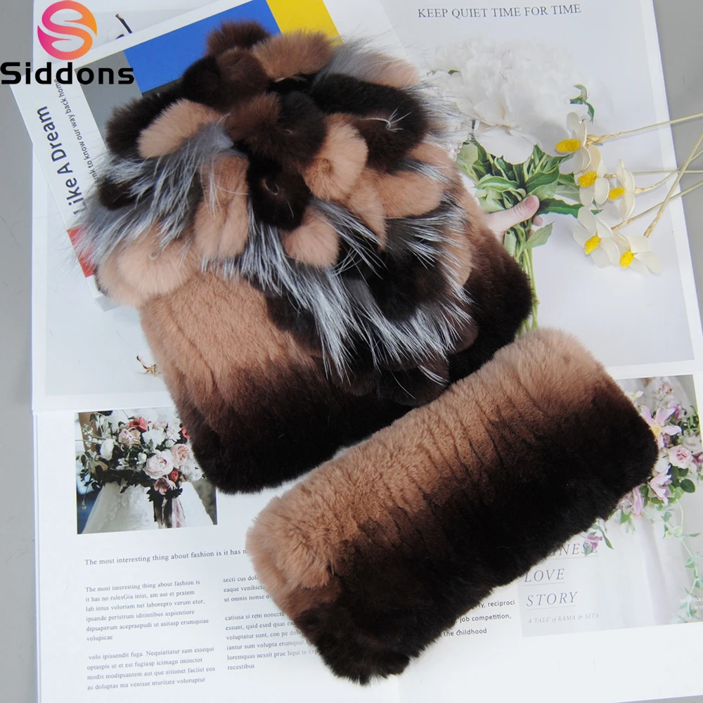 Winter Warm Genuine Rex Rabbit Fur Scarves Hats Set Good Elastic Women Real Rex Rabbit Fur Muffler Caps Knit Real Fur Scarf Hat