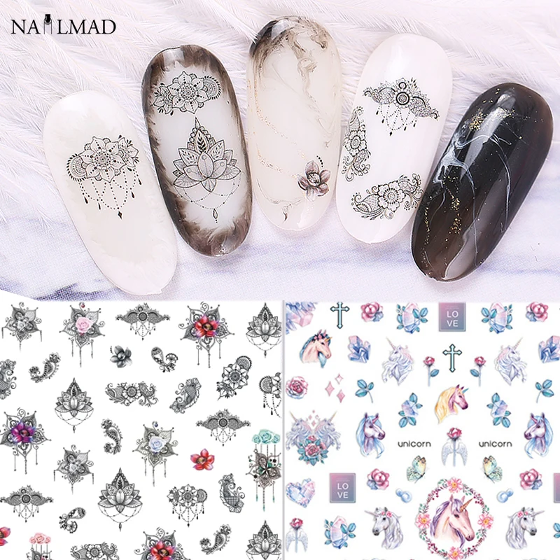 1 sheet NailMAD Lotus Flower 3D Nail Art Stickers Lavender Unicorn Full Nail Stickers Nail Decals Mandala