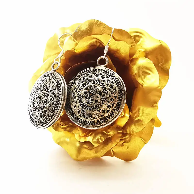 Miao Ethnic Hand Filigree Copper Big Circle Tassel Earrings E077