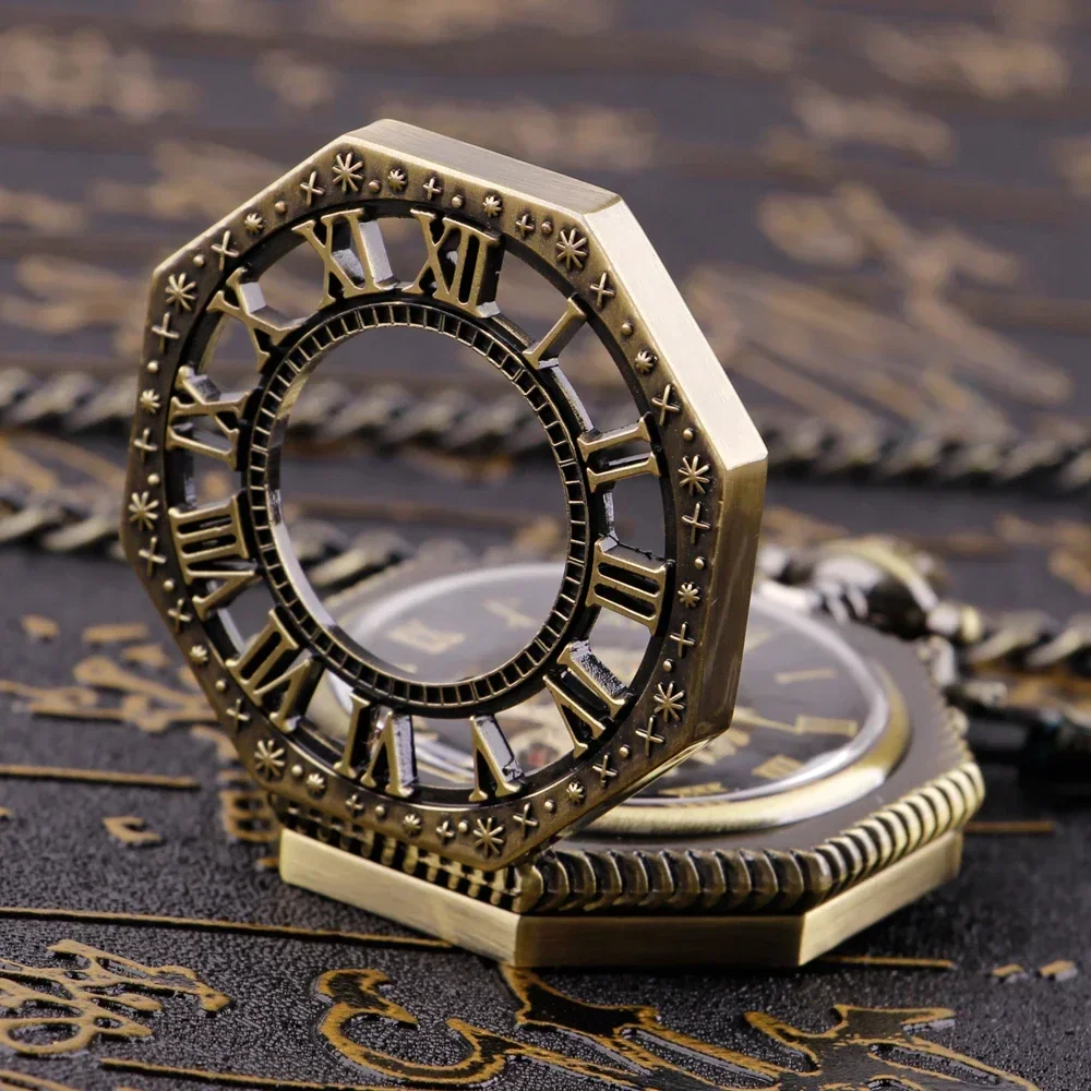 Retro Bronze Roman Numerals Hollow Out Mechanical Hand-Winding Pocket Watch 30 cm Pocket Chain Pendant Antique Timepiece Gift