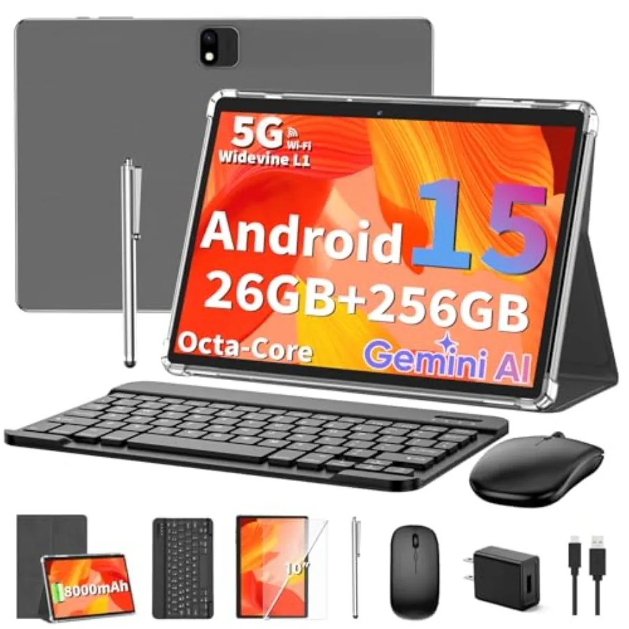 

10-дюймовый планшет на Android 15 с клавиатурой, 26 ГБ ОЗУ + 256 ГБ ПЗУ, расширяемая память до 2 ТБ, серебристый, с аккумулятором 8000 мАч, Wi-Fi 2.4G/5G, Bluetooth 5.0, 5 Мбит/с
