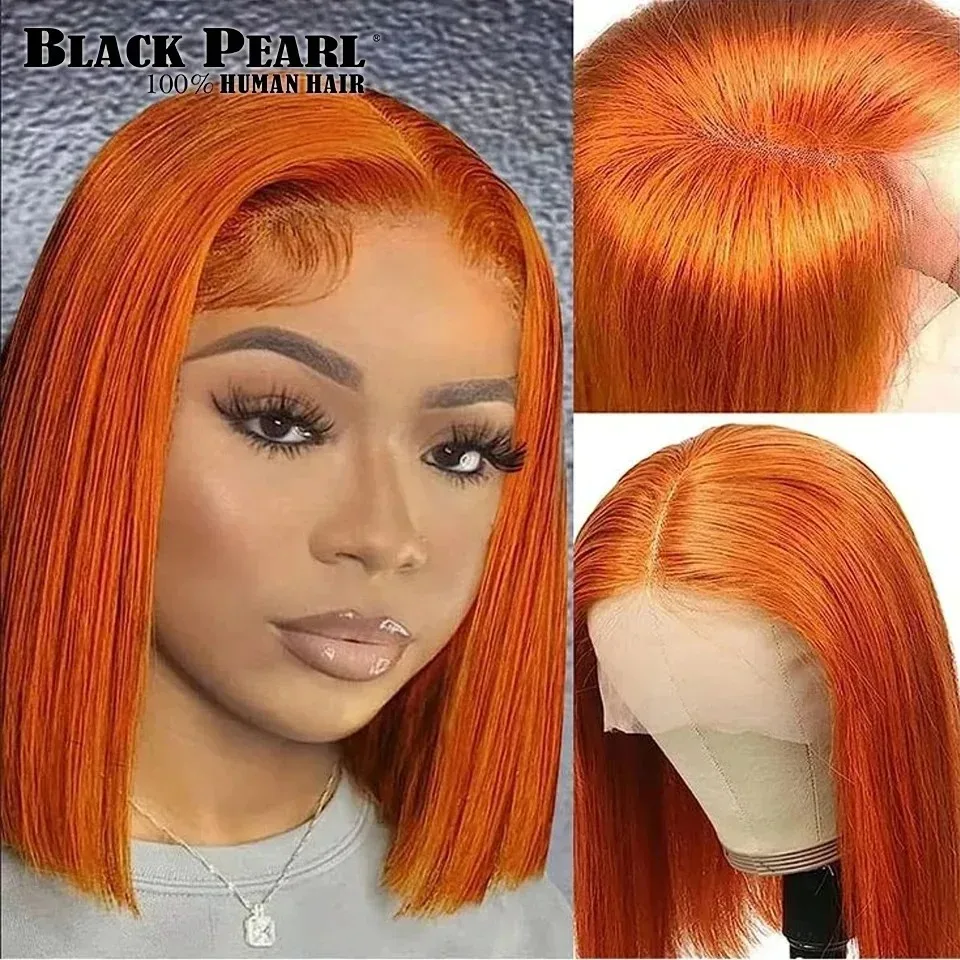 Pelucas de cabello humano 100% con encaje frontal de jengibre y Perla Negra, peluca sin pegamento, peluca Bob recta corta, peluca de cabello humano con encaje frontal