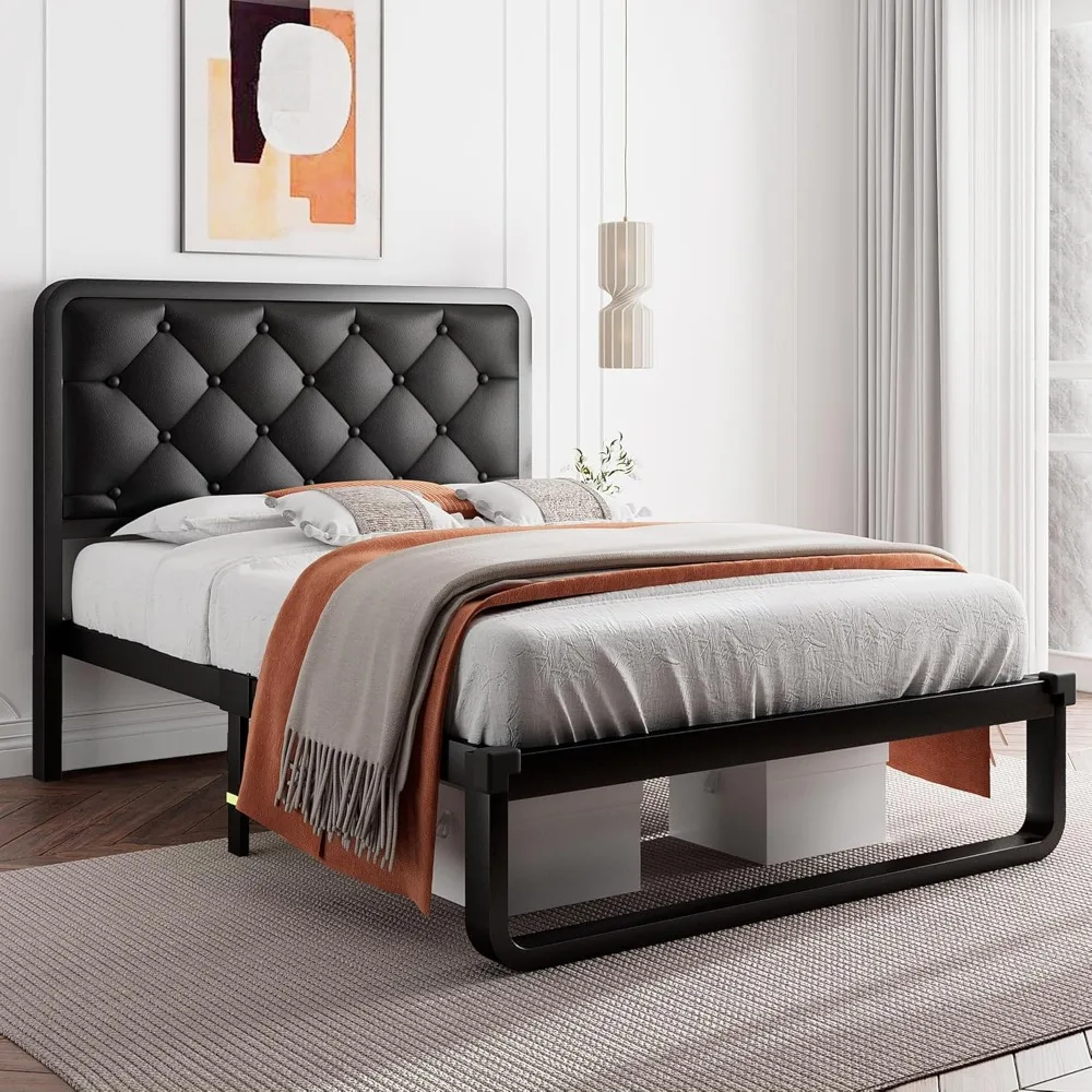 

Metal Bed Frame with Faux Leather Headboard, Curved Platform Bed Frame, 12'' Under-Bed Space, Noise-Free, Easy Assembly