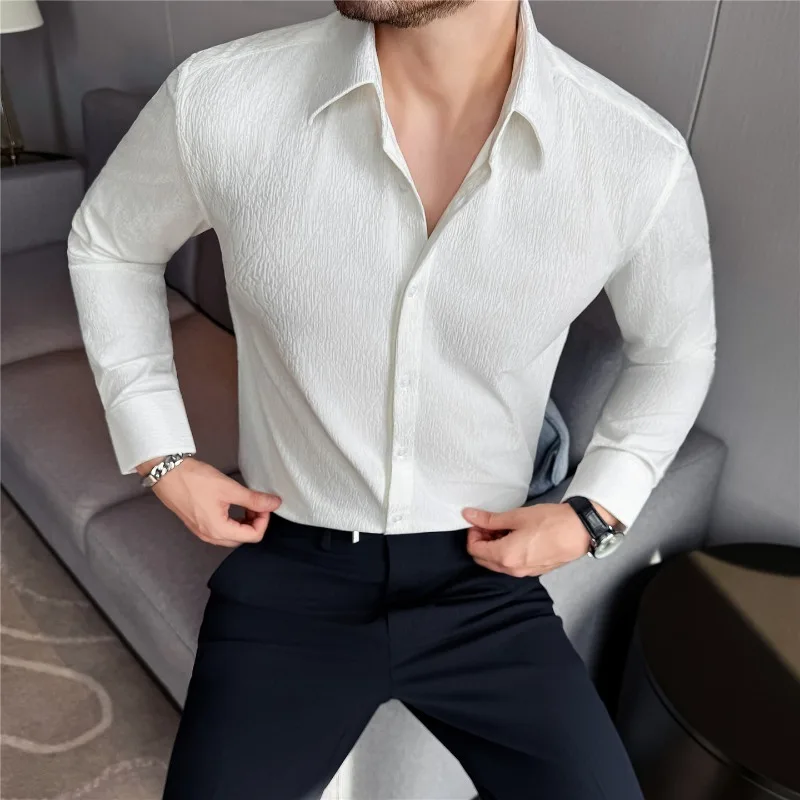 

Мужская рубашка с длинным рукавом, однотонная, повседневная, в сетку, с большим острым воротником, эластичная, облегающая, официальная, классическая рубашка, высококачественная мужская одежда