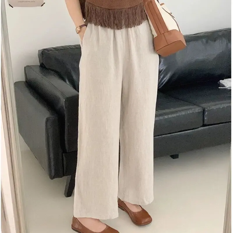 

Ladies 100% Linen Literary Loose Elastic Waist Wide Leg Pants Linen Pants