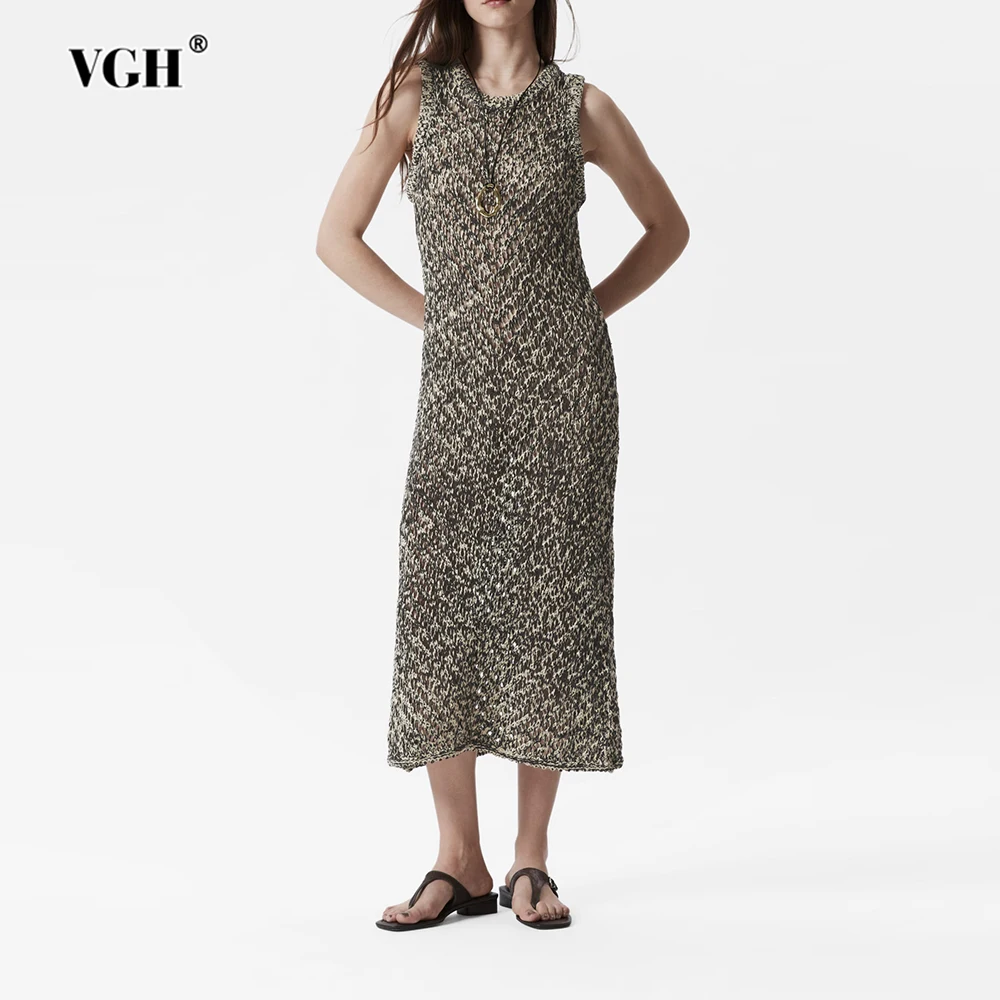 

VGH Slimming Tie Dye Temperament Dresses For Women Round Neck Sleeveless High Waist Designer Long Dress Female Fashion Style New