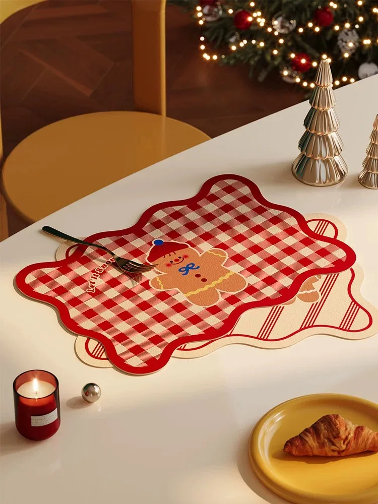 Christmas Gingerbread Lace Edge Placemats Waterproof PVC Leather Table Mat Oil-Proof Dining Pad Holiday Contrasting Color Decor