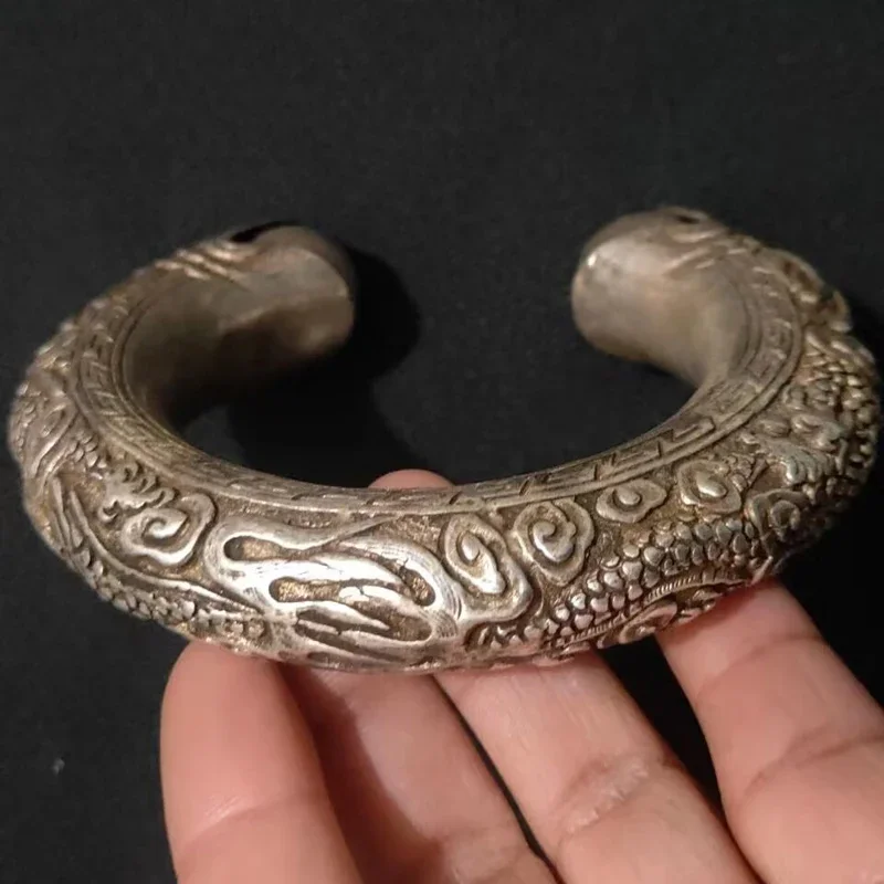 Exquisite Chinese handmade Miao silver carving dragon spit bead open bracelet ethnic style zodiac hollow round men's and women's