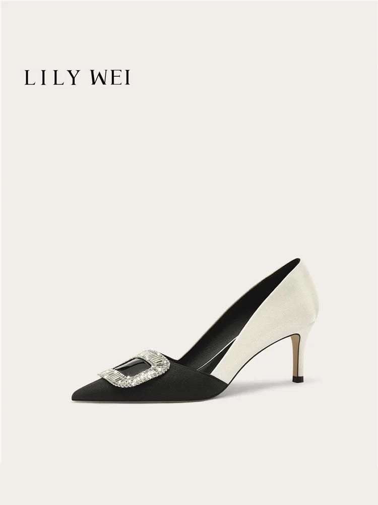 

Stiletto heels spring pointed toe silk splicing rhinestone buckle shoes banquet large size small size widened version women shoe