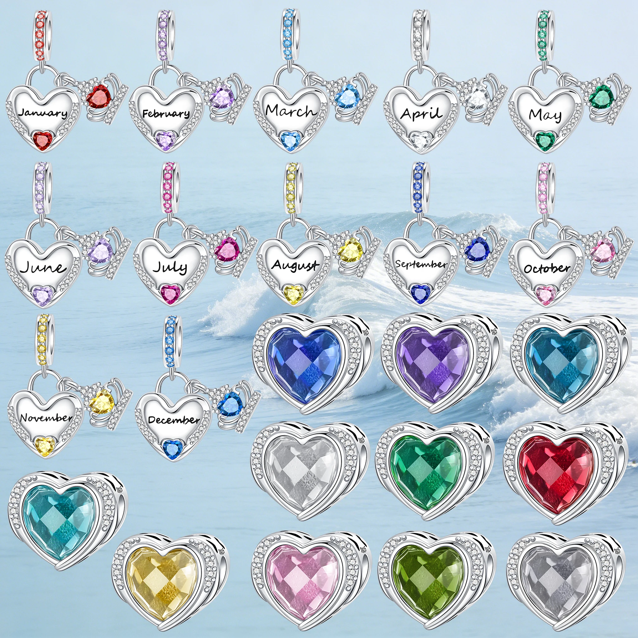 925 Sterling Silver January-December Birthday Stone Love Zircon Pendant Bead Fit Charms Necklace Bracelet Women Jewelry DIY Gift