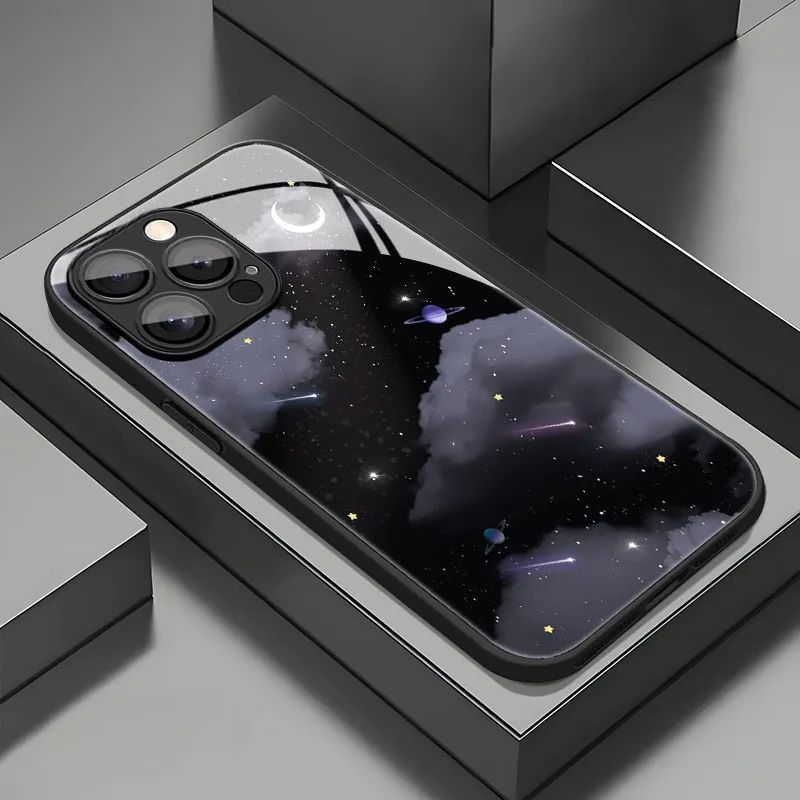 

Black Starry Sky Pattern Glass Material Phone Case For iPhone 17 16 15 14 Pro Max 13 12 11 Pro 16E 7 8 Plus XR XS X Cover