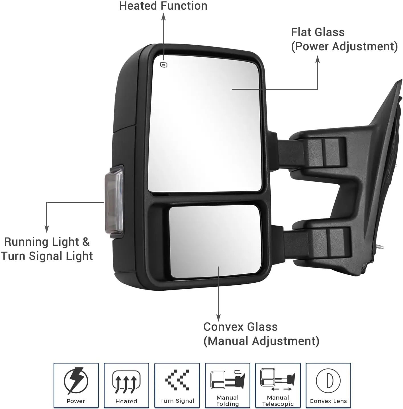 Towing Mirrors for 1999-2016 Super Duty Trucks, Chrome, Power Adjusted, Heated Glass, Switchback Running & Turn Lights