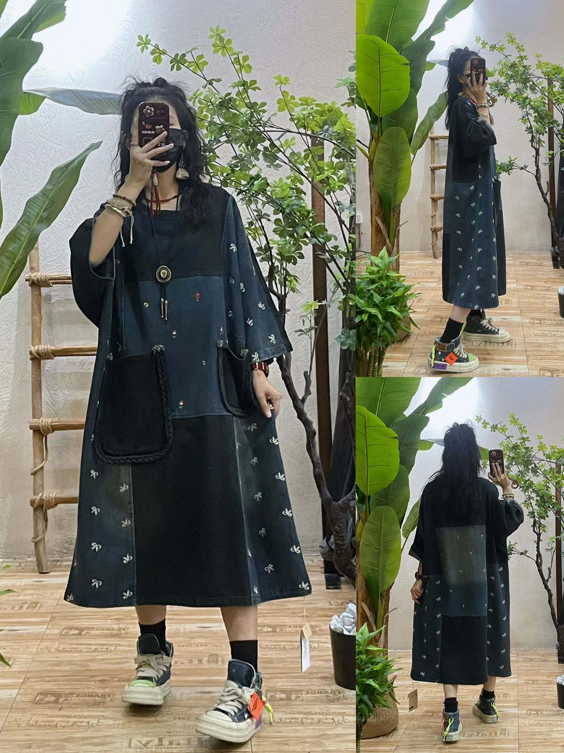 

Джинсовые платья в стиле ретро в стиле пэчворк, женские свободные утягивающие повседневные юбки средней длины, новинка весны, хлопковые длинные све, круглые Ne