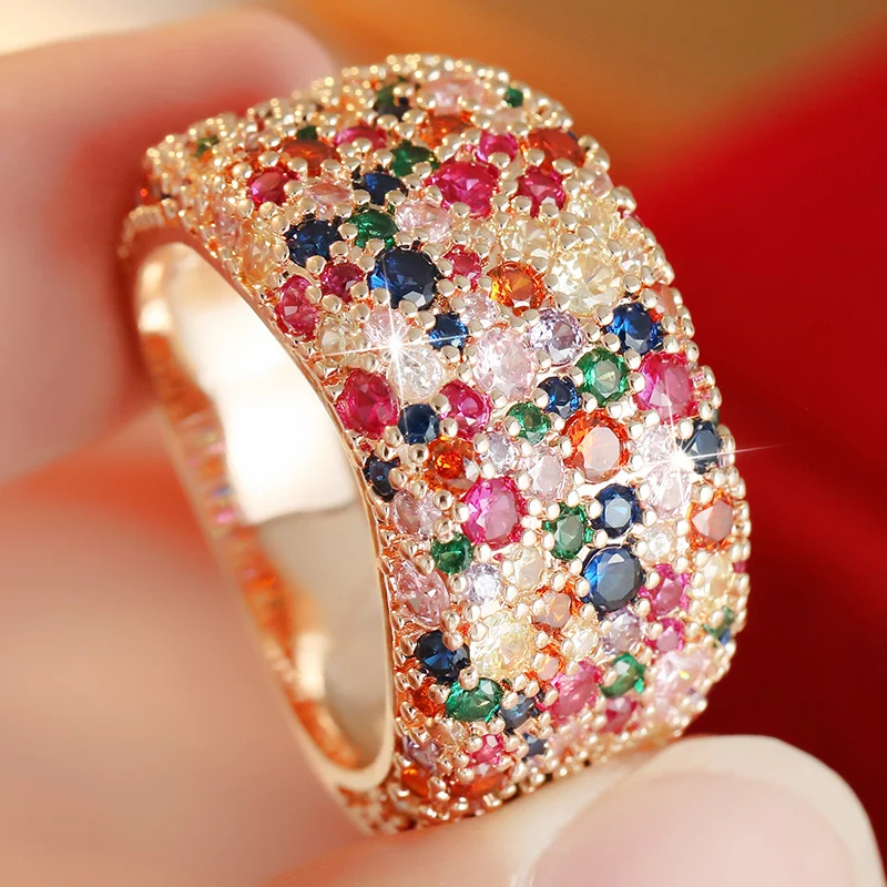 Ladies' Palace Style Luxury Wide Face Ring Multi Lyer Inlaid Colorful Synthetic Zircon Shining Ring Banquet Party Charm Jewelry