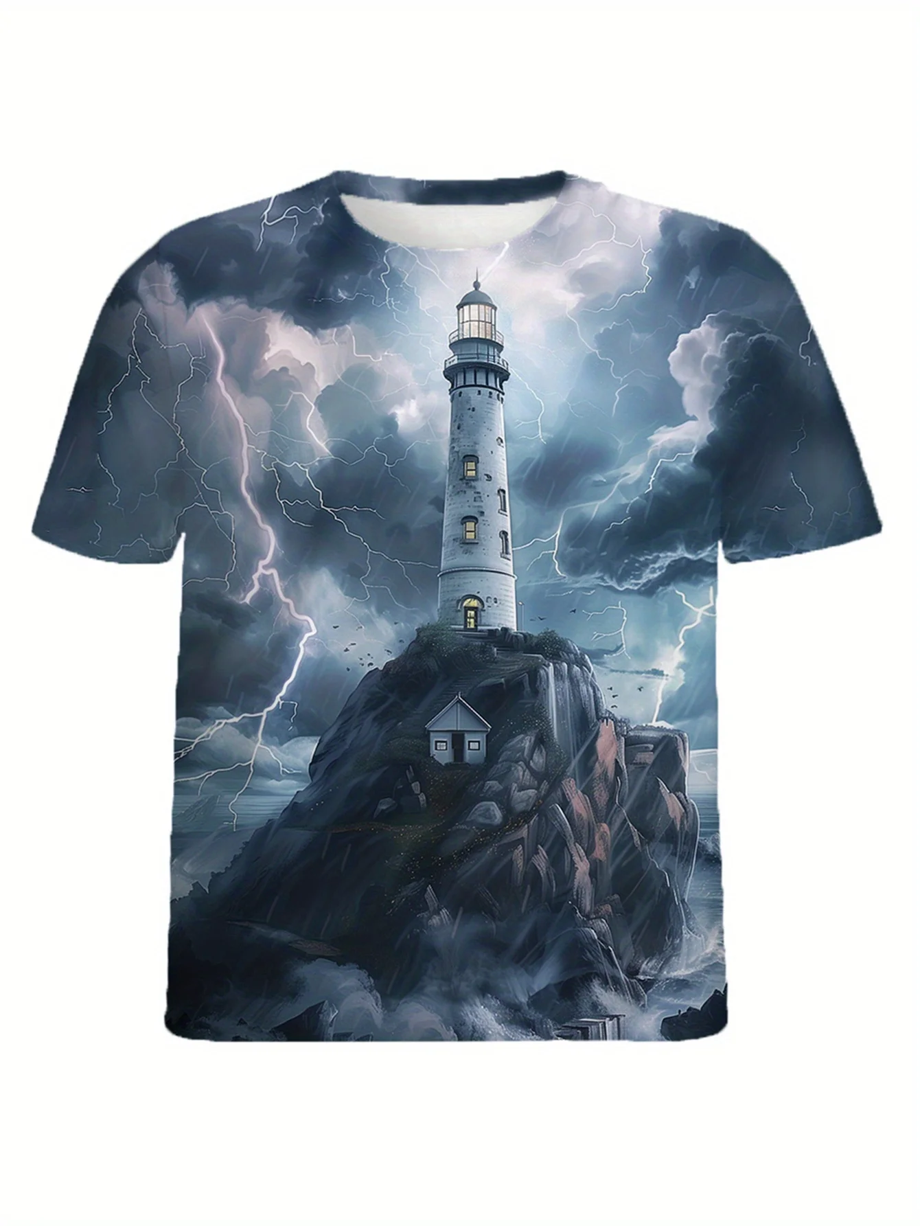 

Stormy Lighthouse & Lightning Print Men's T-Shirt | Streetwear Style Short Sleeve for Outdoor Casual Wear So Cool