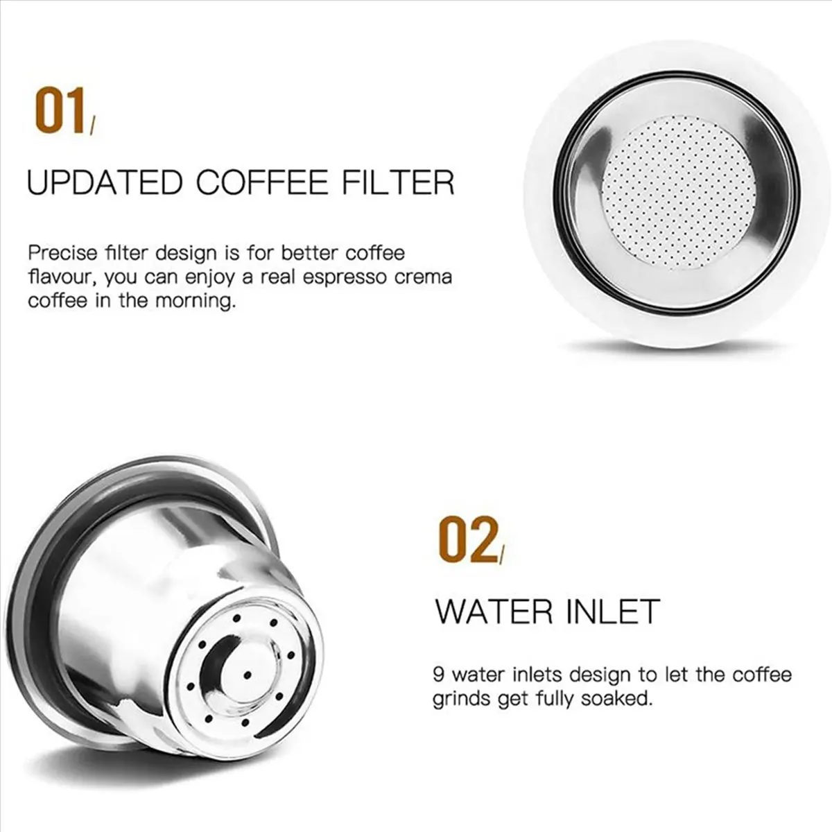●Capsules Reusable, Stainless Steel, 3 Pieces Refillable Pads for + 1 Tamper + 1 Spoon + 1 Brush