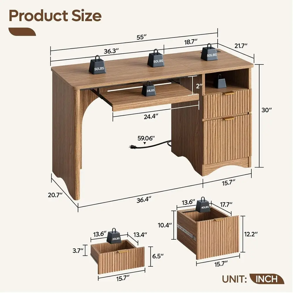Computer Desk with Der, 55 inch Oice Desk with Power Outlet, ern Home Oice Desk with Keyboard Tray (55