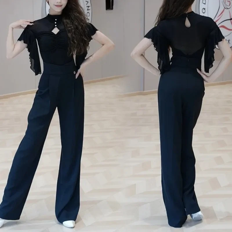 

Современные танцевальные брюки для латинских танцев с высокой талией, прямые брюки для тренировок, женские брюки с невидимой молнией и удлиняющей стойкой