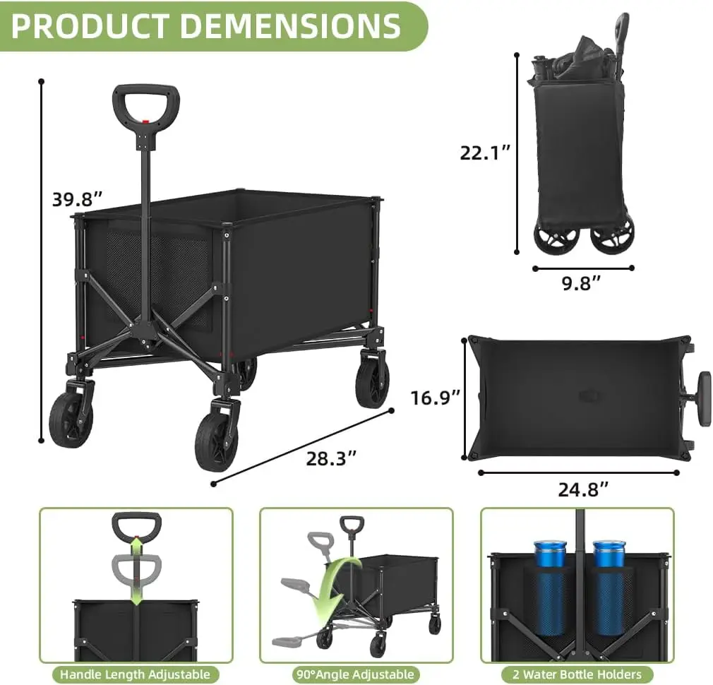 Collapsible Folding Wagon, Beach Wagon Cart,Foldable Grocery with Side Pocket, Large Capacity Heavy Duty Portable Wagon for Camp