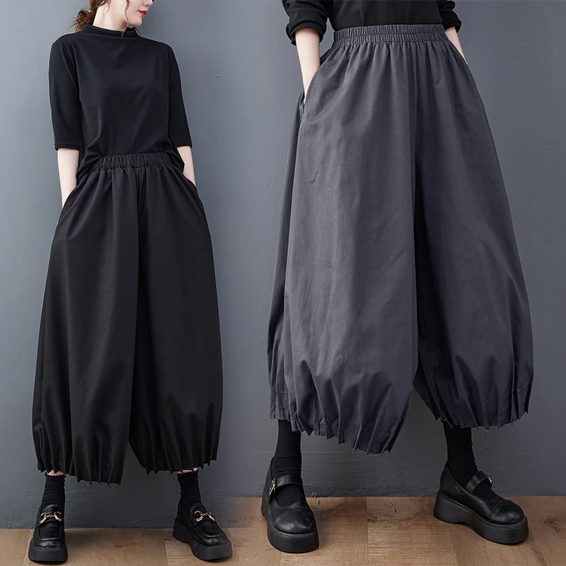 Taille haute pantalon à jambes larges couleur plissée grande taille femmes taille ample grandes cuisses pantalons décontractés automne trajet Sle