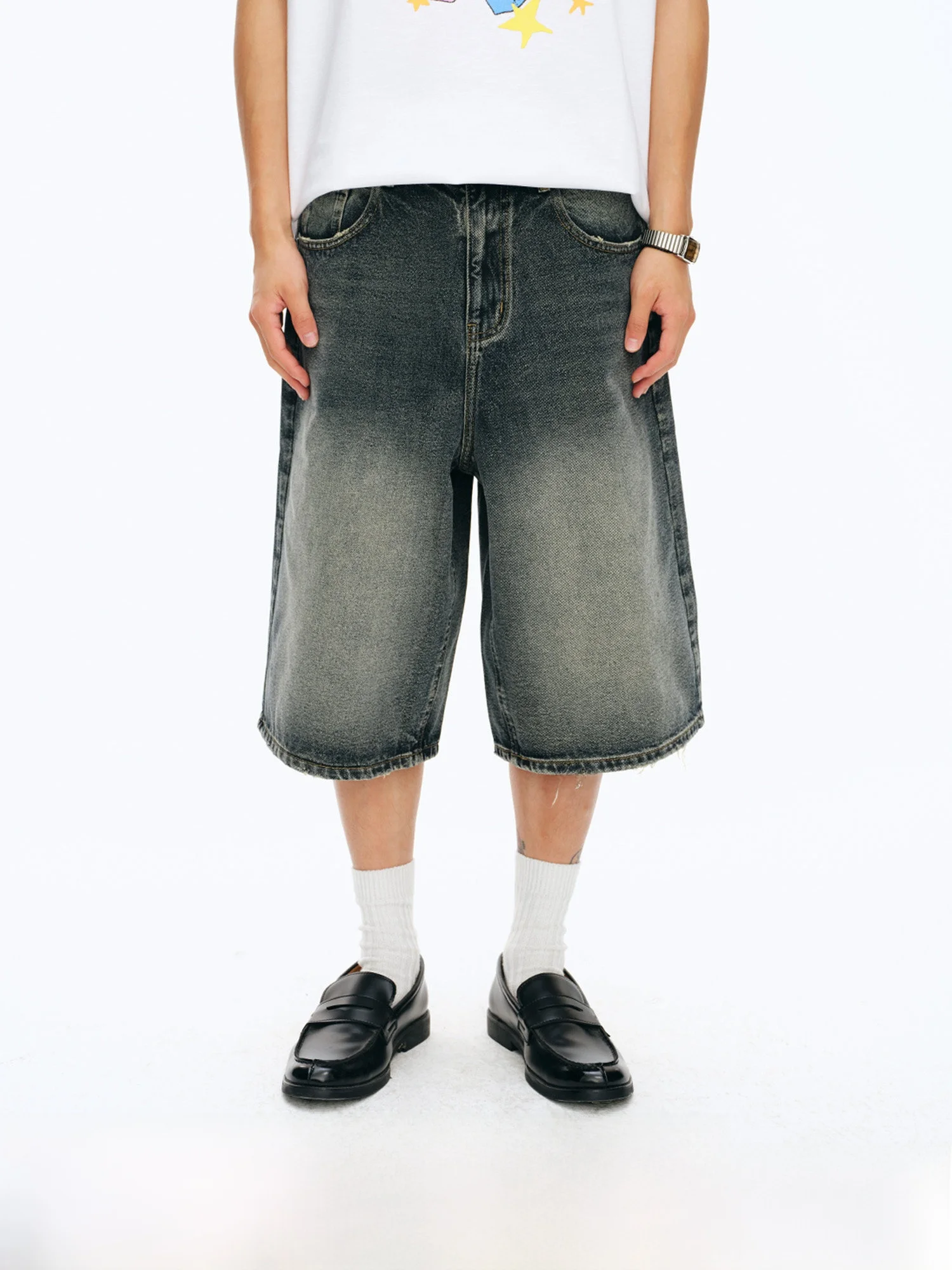 

NewJNXS Retro Washed Diagonal Denim Jeans Straight Leg Five-Quarter Length Unisex Summer Casual Cotton Polyester Blend