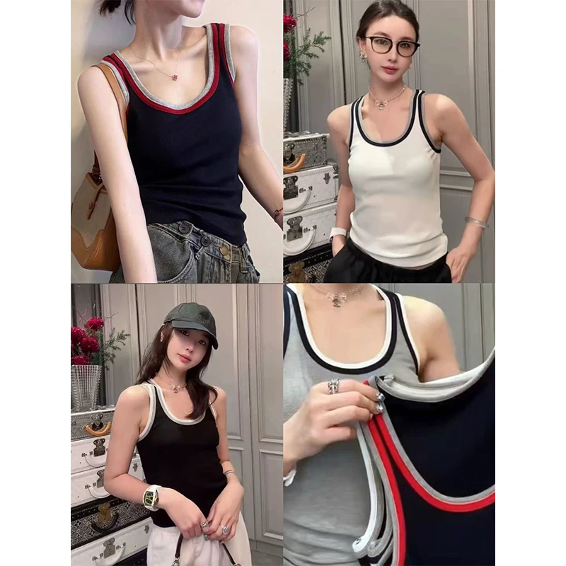 سترة نسائية قصيرة بألوان متباينة بقصة ضيقة ومتعددة الاستخدامات بدون أكمام ورقبة على شكل حرف U