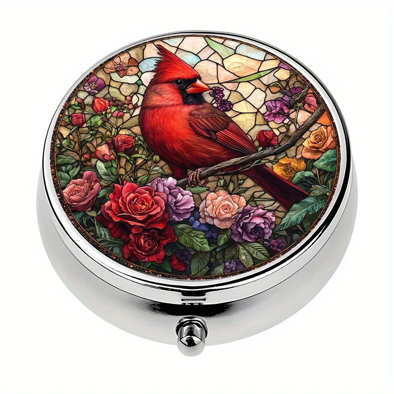 Single pack, portable travel pill box with 3 compartments, featuring a red-crowned phoenix pattern, a metal mini pill organizer that can be placed in a purse or wallet, a unique gift for Halloween or Christmas