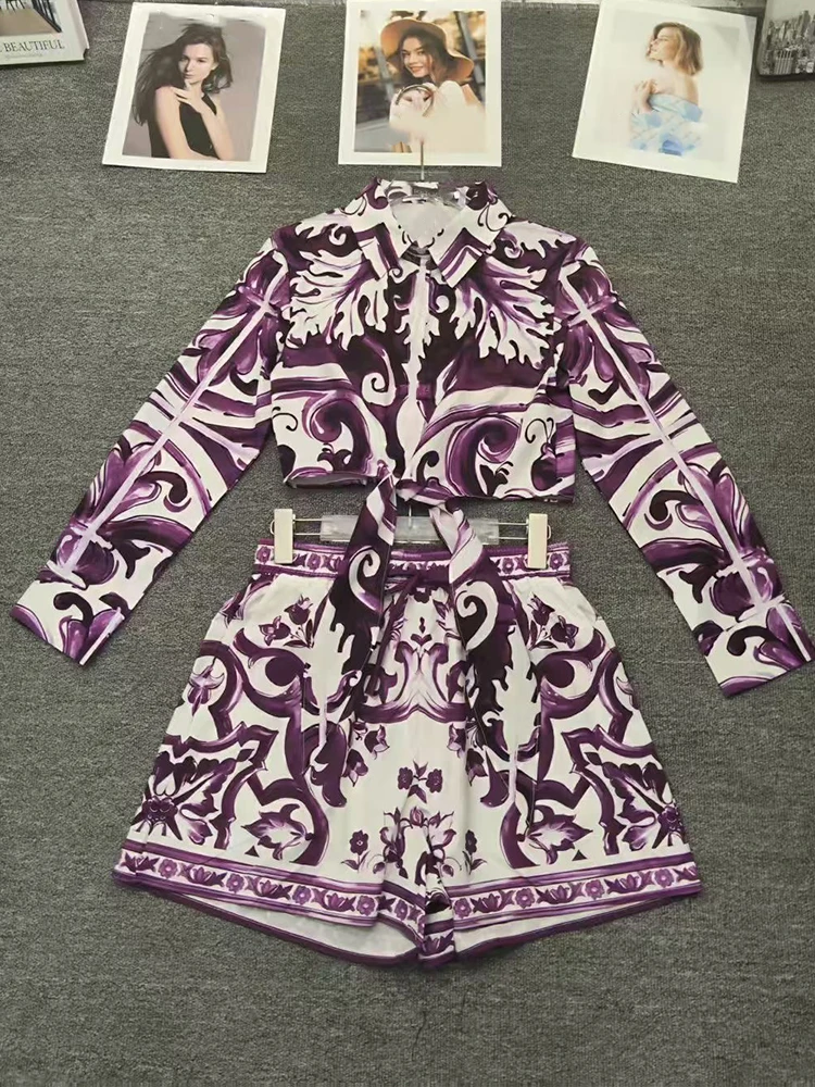 

Elegant lapel single-breasted short shirt jacket spring/summer 2025 new printing suit elastic shorts casual two-piece suit