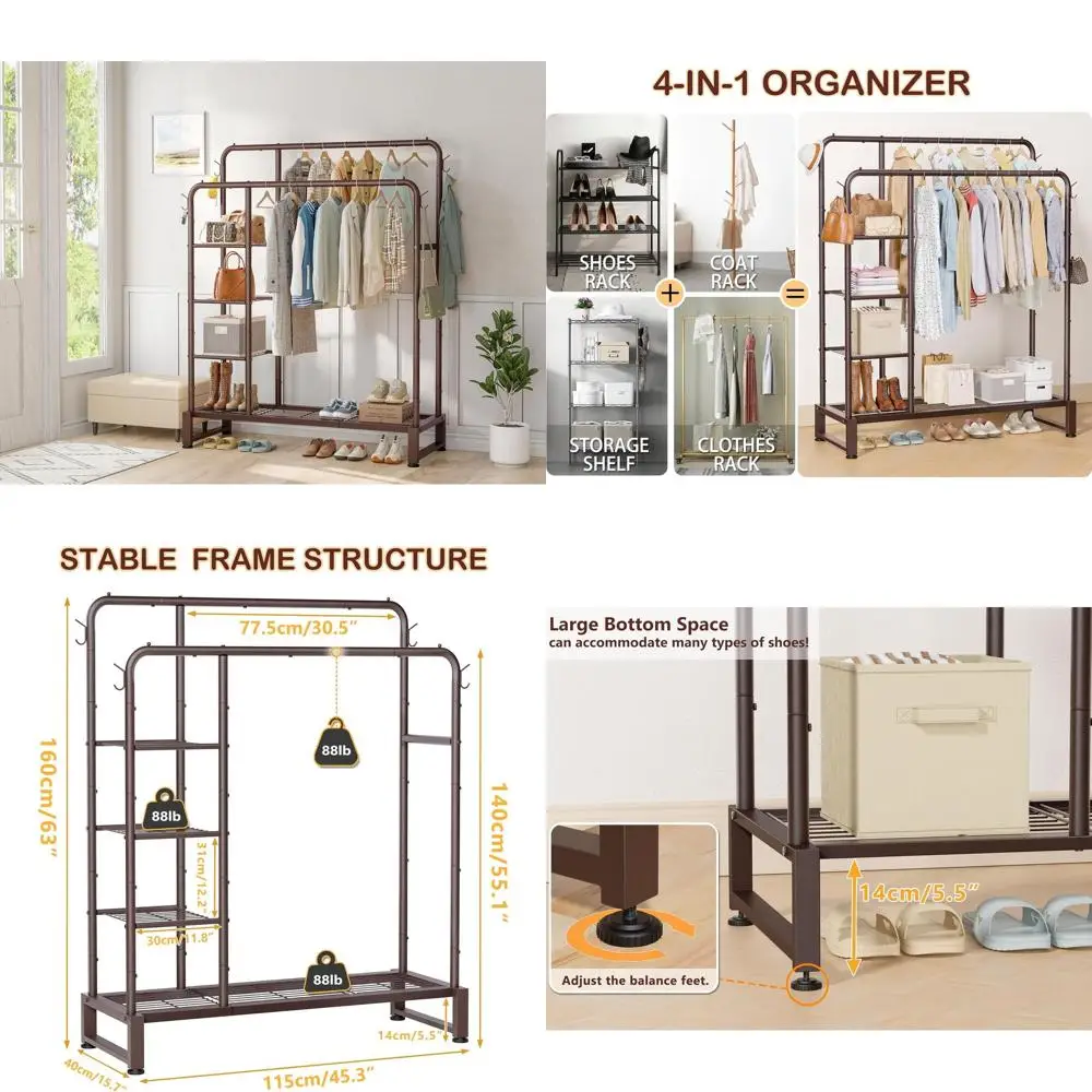

4-Tier Heavy Duty Clothes Rack with Hanging Hooks for Bedroom, Closet, and Shop, Brown