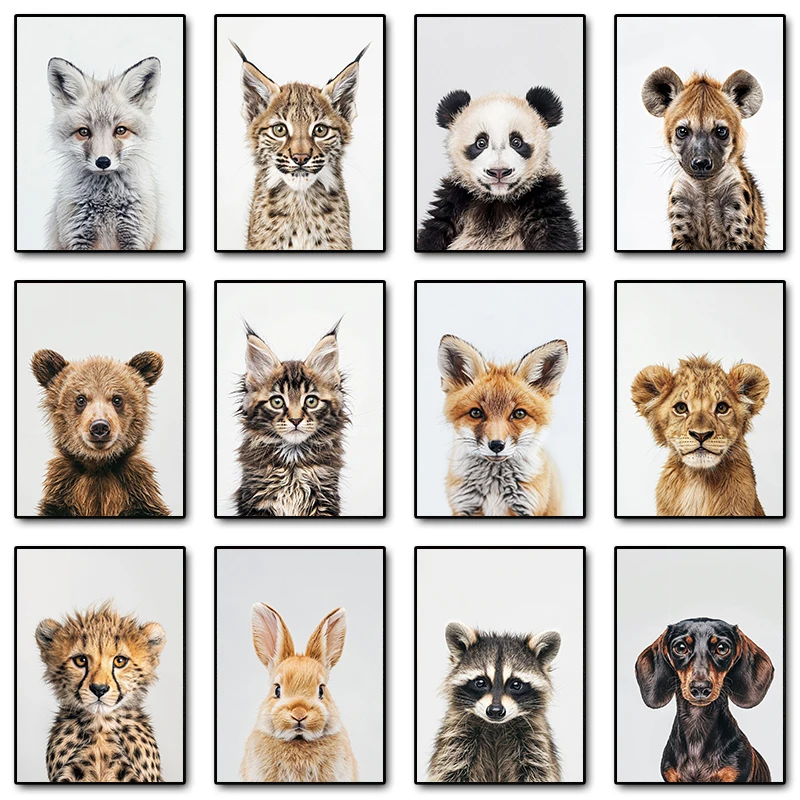 Lindo bebê de animais: Leão, Veado, Guepardo, Urso, Panda Vermelho - Cartaz e Tela Impressa, Pintura Artística de Parede para Decoração