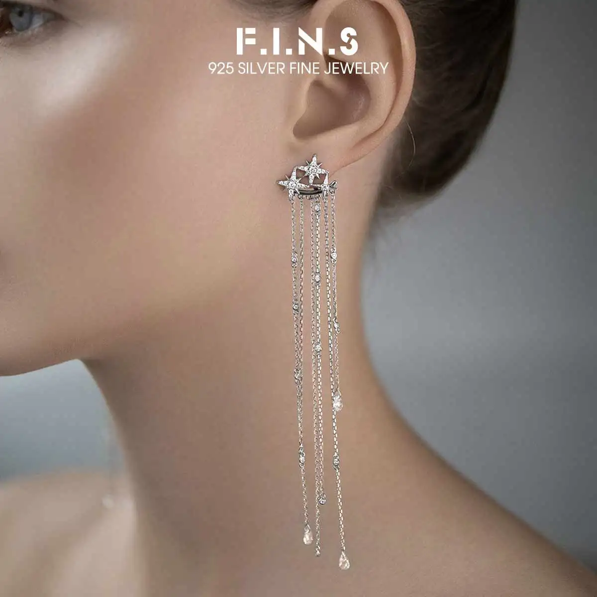 F.I.N.S 925 Sterling Silver Eight-Pointed Star Tassel Stud Earrings Luxury Front and Back Piercing Drops Pendant Fine Jewelry