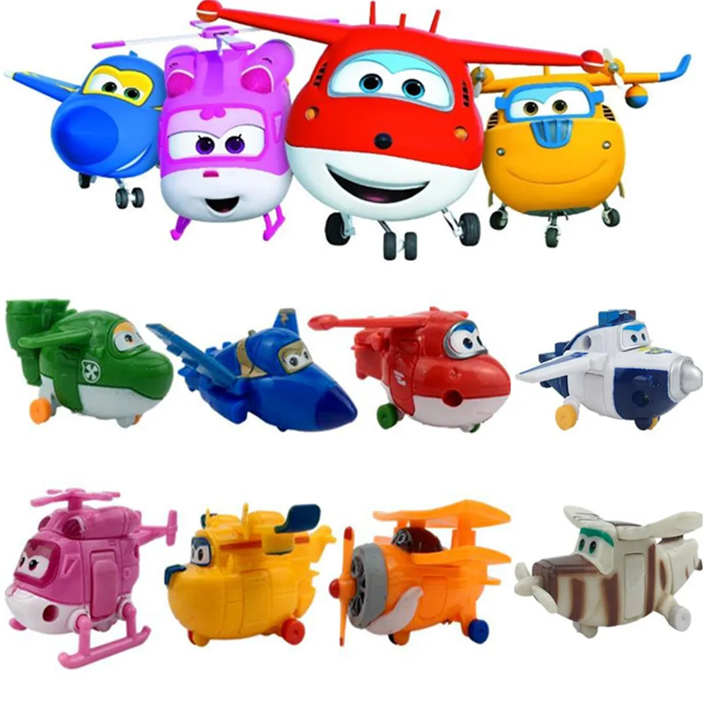 Conjunto de 8 Figuras de Ação Super Wings, Aviões Transformáveis em Modelos de PVC, Coleção de Helicópteros e Aeronaves, Brinquedo para Presente