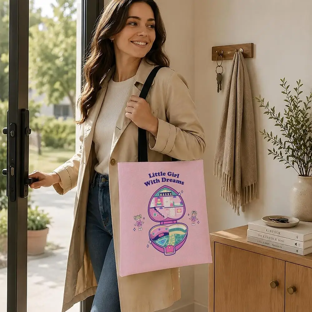 K-Kawaii Polly Pocket Storage Bags Canvas  bag, suitable for work, school, and daily commutes, reusable shopping bag