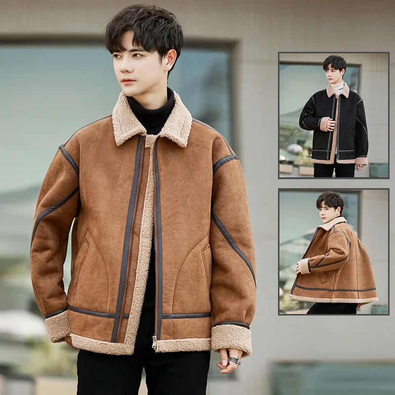 Suede Fleece Lined Coat Men's Couple Wear Fashion Brand Casual Jacket Versatile Lambswool Lapel Youth Jacket Top