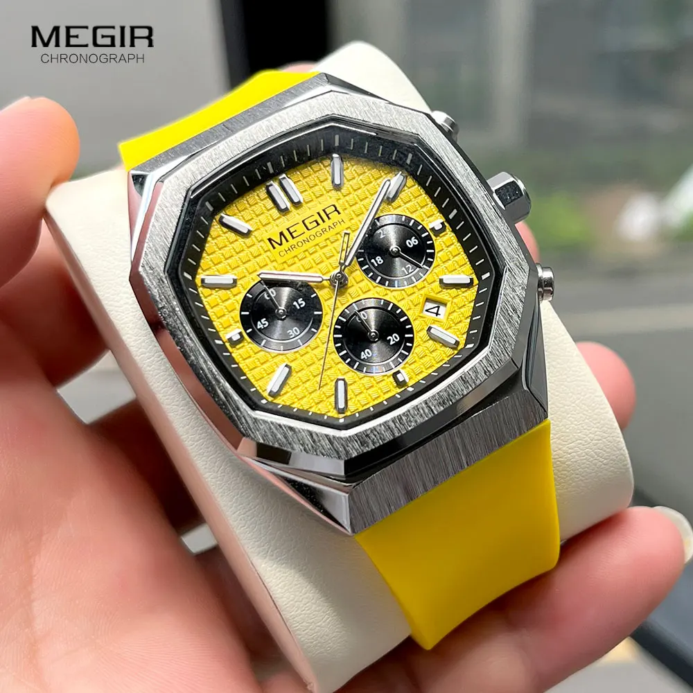 MEGIR Yellow Sport Watch Men Military Sport Chronograph Quartz Wristwatch with Date Octagon Dial Luminous Hands Silicone Strap