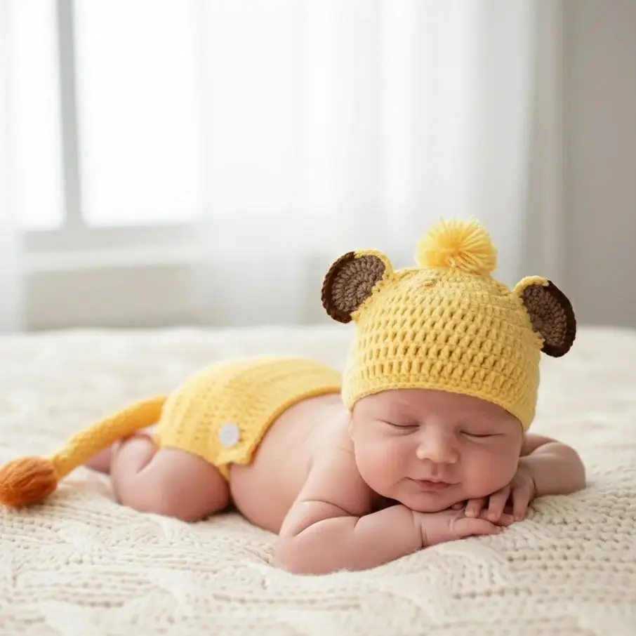 

Hand-Knitted Lion Outfit & Hat for Baby Photography Props. Cute Animal Onesie for Photo Studio Shoots. Craft Gift.
