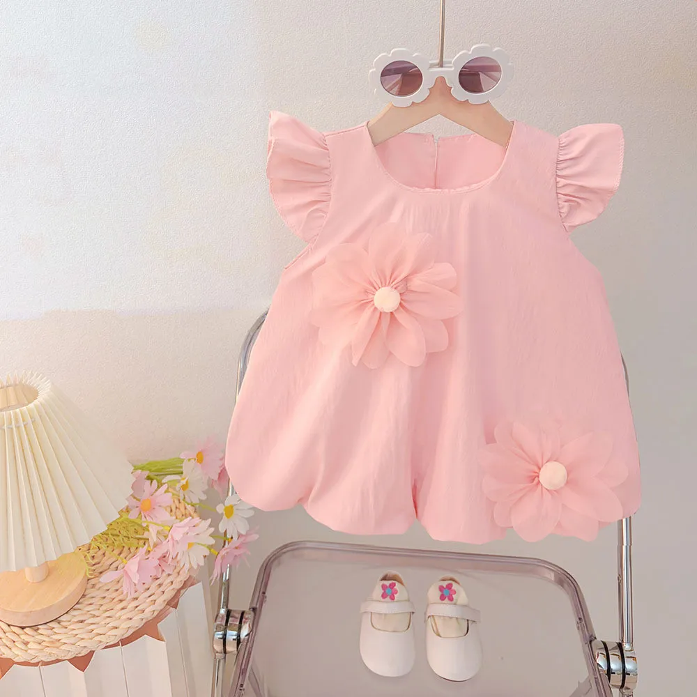 Korean Version Solid Color Summer 1-3 Year Old Baby Girl Sweet and Cute Round Neck Flying Sleeve 3D Flower Princess Dress