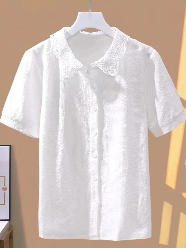 

Faionable Collar Вышитый хлопок irt ort Sve Простой элегантный женский топ Модный корейский свободный крой Летний...