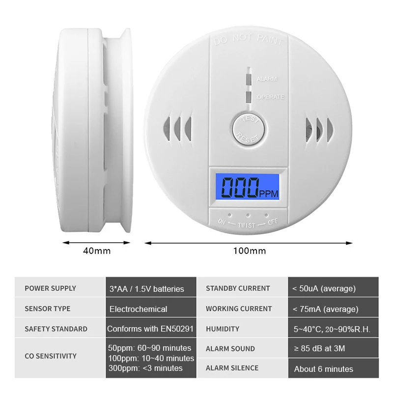 Carbon Monoxide Detector Alarm New Photoelectric Sensor 85dB Sound Warning LCD Digital Display Home Indoor CO Poisoning Siren