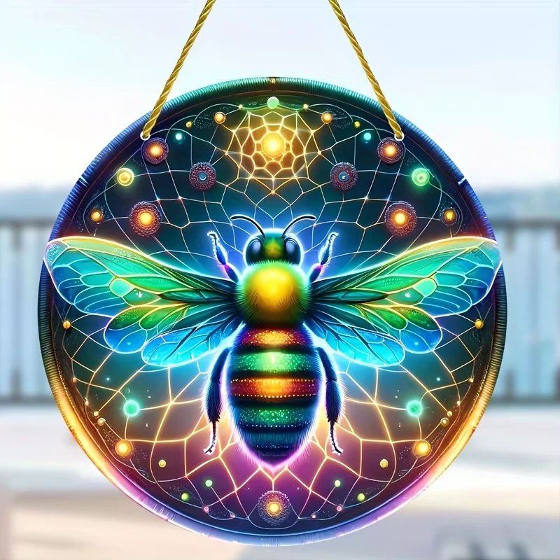 Bee Sun Catcher - Round Acrylic Window Hanging, Color Stained Plastic Home & Porch Decor Bee Decor