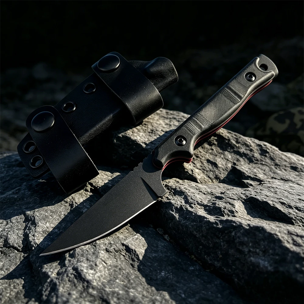 Sleek Matte Black Fixed Blade Knife, 8Cr13Mov Blade with Precision Edge, Contoured G10 Handle, with Kydex Sheath for Field Use