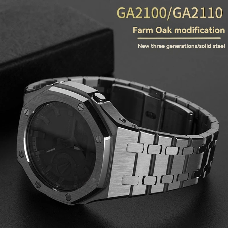 stainless-steel-metal-bezel-rubber-strap-conversion-kit-for-casioak-ga2100-ga2110-gab2100-full-case-mod-with-screws-tools
