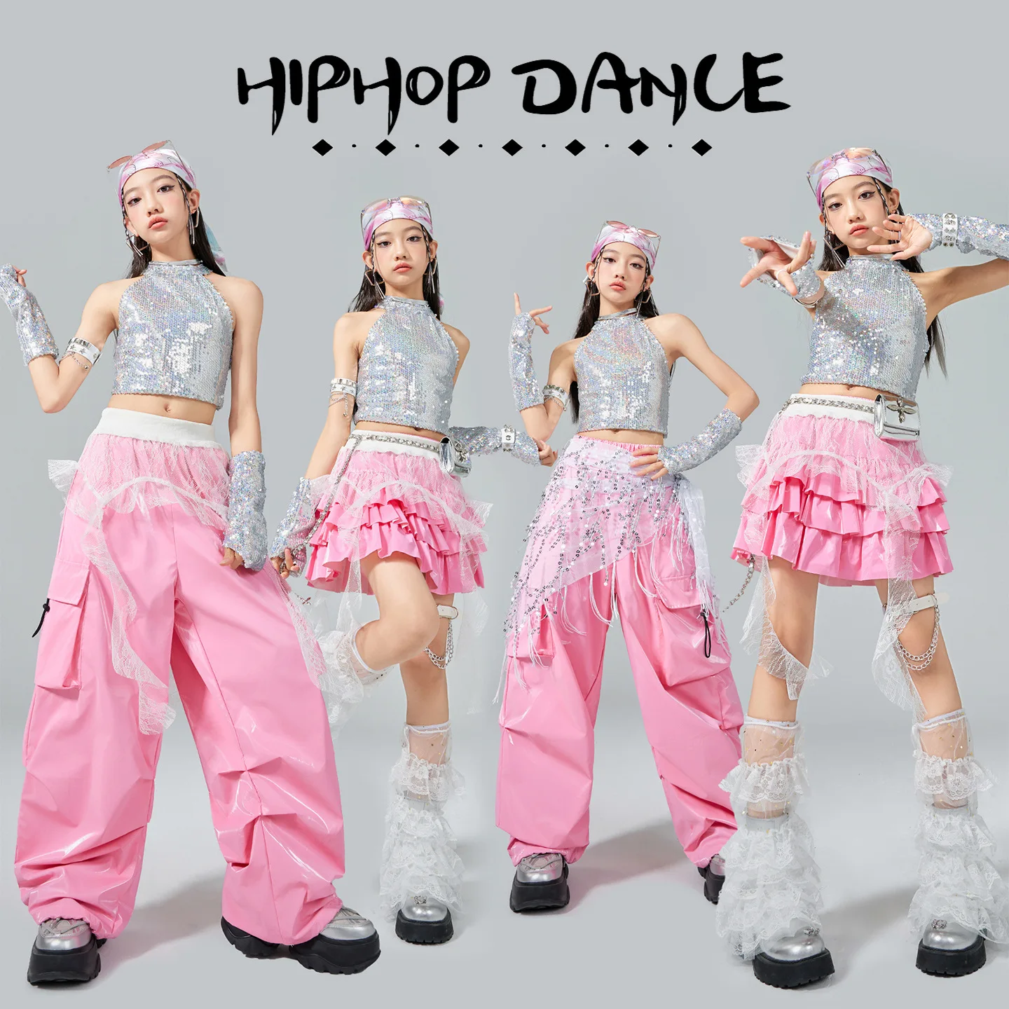 Cheerleading Group Jazz Dance Costume Girls Sequins Top Pink Pants Kids Cool Hip Hop Clothing Stage Street Dance Outfits