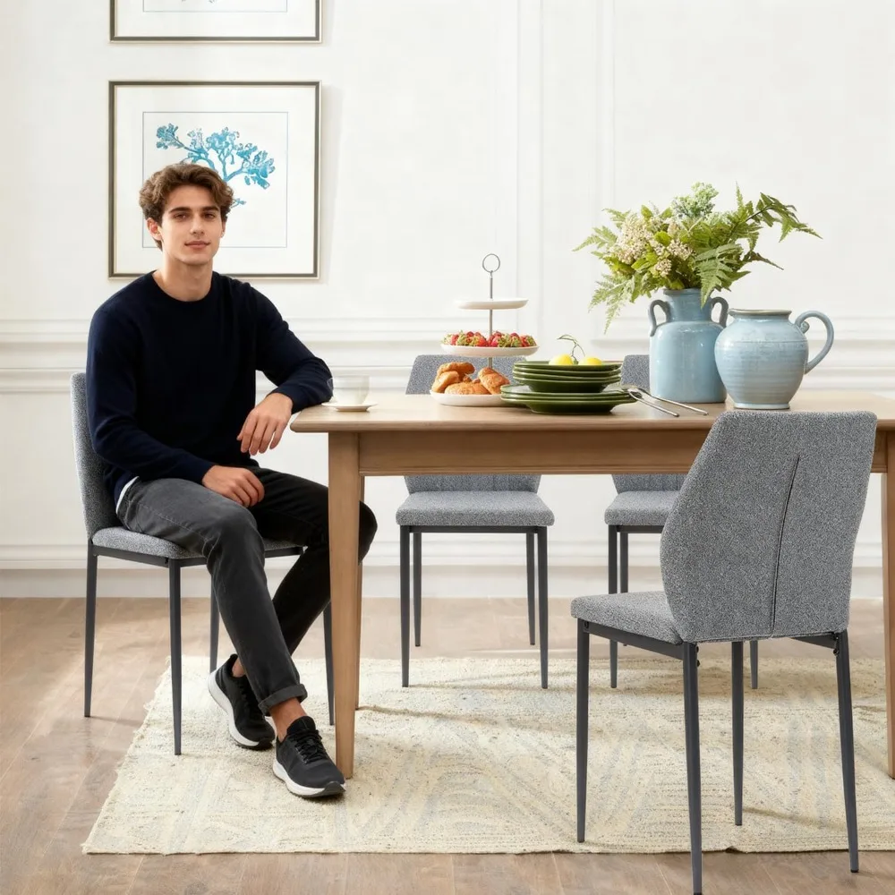 طقم كراسي طعام منجدة مكون من 4 قطع، طراز حديث لمنتصف القرن، كراسي قماش بإطار خشبي وأرجل معدنية، قماش شانيل