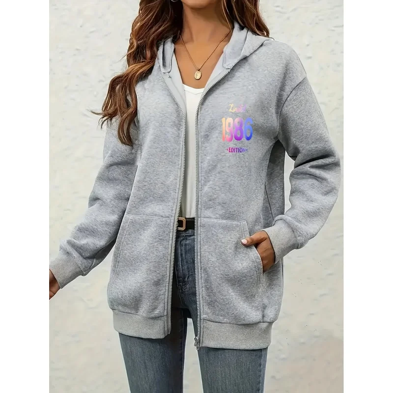Women Zip Up Hoodie Limited 1986 Gradient Number Chest Print Long Sleeve Oversized Gray Hooded Jacket Casual Pocket Sweatshirt