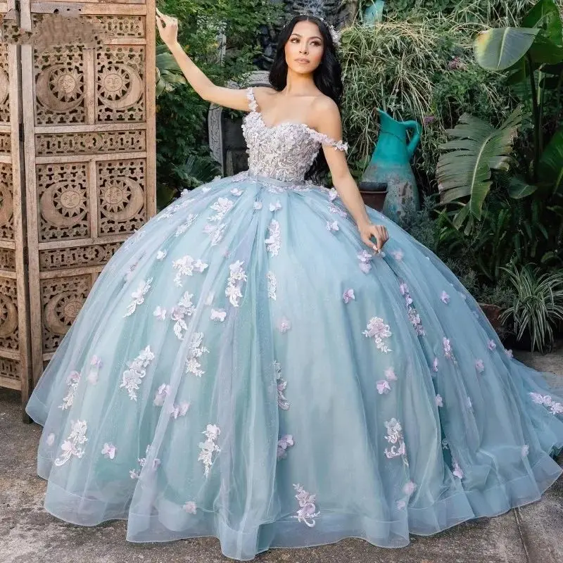 Lorencia-vestido De Quinceañera De mariposa, vestido De baile con escote Corazón, apliques florales, México dulce 16, XV 15 años, YQD420, 2024