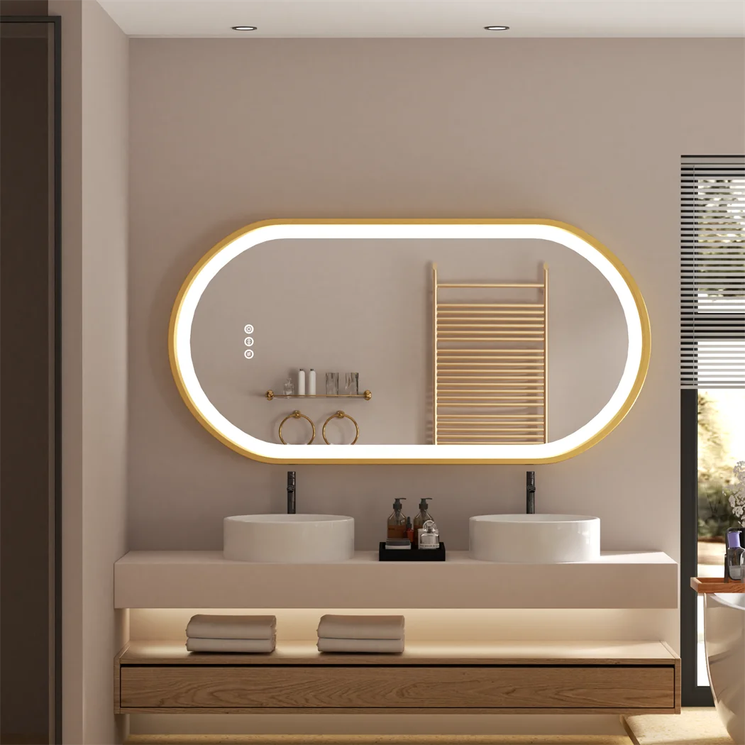 LUVODI High-end Oval Led Illuminated Bathroom Mirror Gold Aluminum Frame with Demister Pad